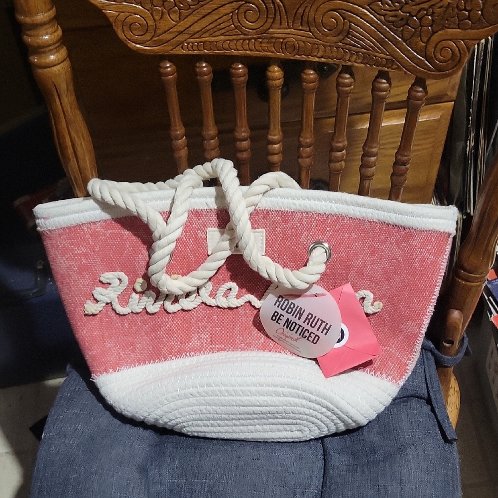 NEW~Robin Ruth Pink and White Tote Bag with Rope Handles